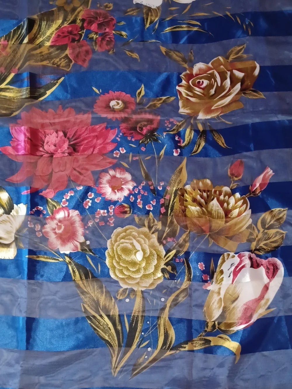 Vintage Floral Striped Square Scarf Blue Chiffon Satin 39×39 Grandma-Core